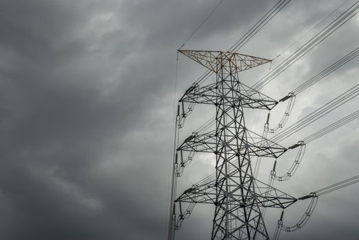 Power lines, High voltage post, High-voltage tower sky with cloud before the rain. copy space.