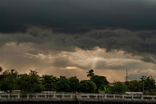 Bangkok, Thailand - 21 Jul 2019 : A view of the Chao Phraya River showing the several wooden local houses in the evening along the Chao Phraya riverside.