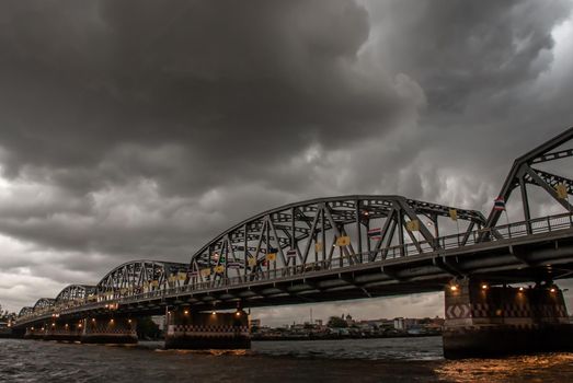 Bangkok, thailand 21 Jul, 2019 : A great scenery evening view of the Phra Phuttha Yodfa Bridge (Memorial Bridge). Vintage Style.