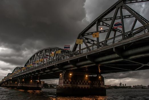 Bangkok, thailand 21 Jul, 2019 : A great scenery evening view of the Phra Phuttha Yodfa Bridge (Memorial Bridge). Vintage Style.