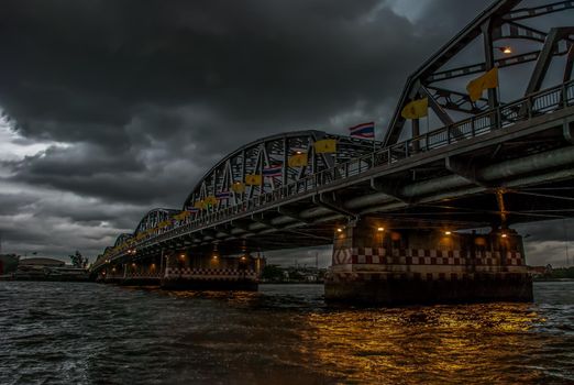 Bangkok, thailand 21 Jul, 2019 : A great scenery evening view of the Phra Phuttha Yodfa Bridge (Memorial Bridge). Vintage Style.