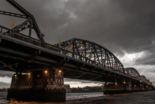 Bangkok, thailand 21 Jul, 2019 : A great scenery evening view of the Phra Phuttha Yodfa Bridge (Memorial Bridge). Vintage Style.