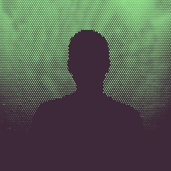 Man silhouette, halftone illustration, hexagon pattern, green background and deep purple silhouette