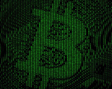 Bitcoin halftone illustration, matrix pattern, vertical green lines of random letters and digits on black.
