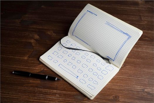 a notebook with the drawing of the keyboard and the screen of a notebook