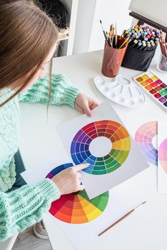 Artist or designer working with color wheel and color samples