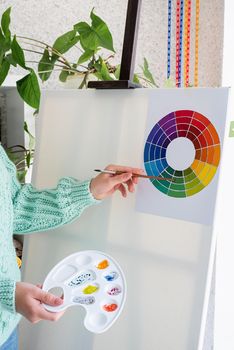 Young woman artist in mint green sweater holding color palette working at home