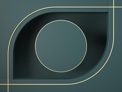 Mock up circle with golden outlines for product presentation 3D render illustration on green background