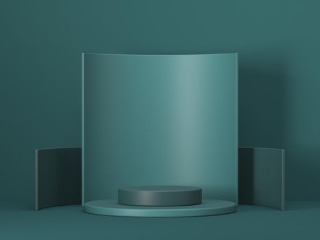 Mock up winner podium for product presentation with curved screen 3D render illustration on green background