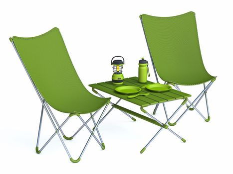 Green folding camping table and chairs 3D render illustration isolated on white background