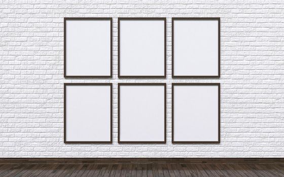 Mock up six empty photo frames with white brick wall and wooden floor 3D render illustration