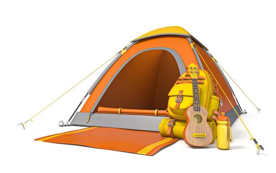 Picnic and camping site with backpack and ukulele 3D render illustration isolated on white background