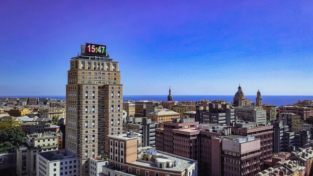 Genoa, Italy. Central part of the city, panoramic drone aerial view.Buildings and Streets surrounding modern centre quarter, Liguria.