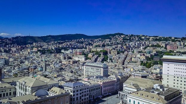 Genoa, Italy. Central part of the city, panoramic drone aerial view.Buildings and Streets surrounding modern centre quarter, Liguria.