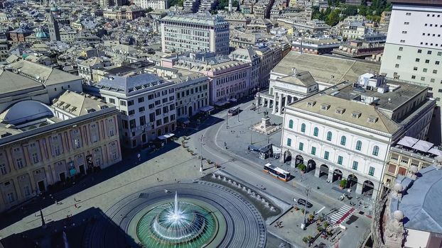 Aerial panoramic drone view of Fountain in the main square of the city Piazza De Ferrari in Genoa,Italy. Situated in center of Genoa city, popular tourist destination in Liguria region.