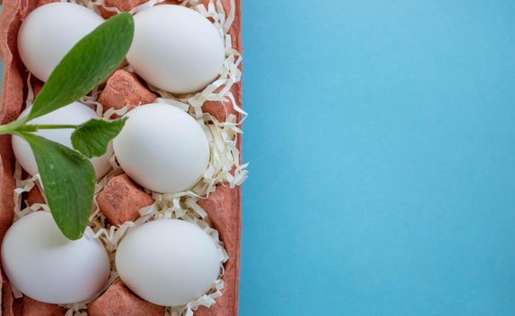 Six white fresh organic eggs in a beige eco-friendly cardboard egg container on a blue background. Easter concept, ecology, zero waste.