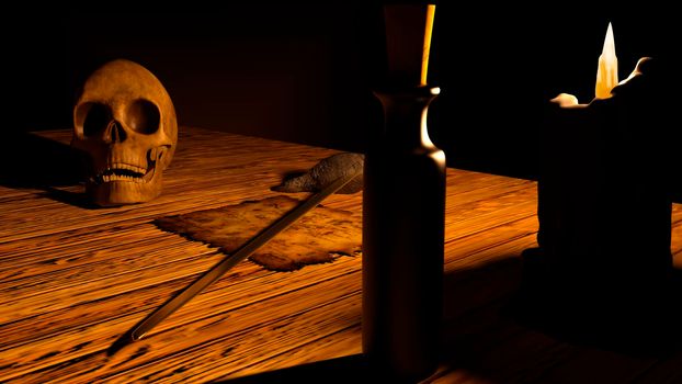 Skull with a burning candle, pirate map, bottle, and sword - 3d rendering