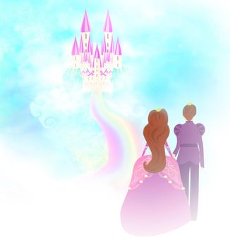 beautiful Castle in clouds and princess with prince