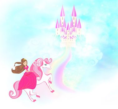 Lovely princess on a unicorn flying on a rainbow
