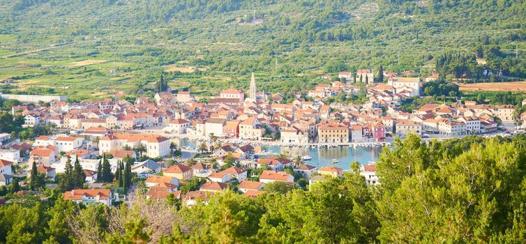 Panorama view of Stari Grad town from White cross hill, Hvar, Croatia