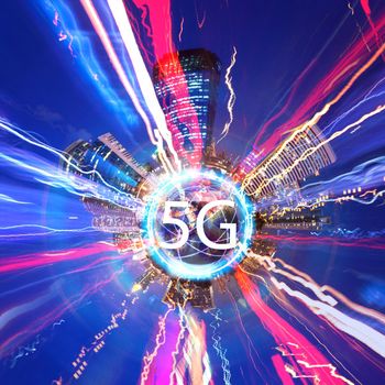 5g concept of internet system connection is faster technology. 5g with city 360 degree background
