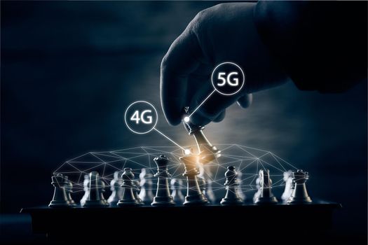 Transfer 4g to 5g concept change of internet connection technology. Chess piece competition concept

