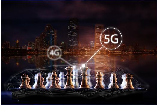 Transfer 4g to 5g concept change of internet connection technology. Chess piece competition concept

