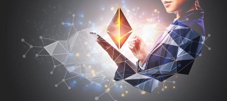 Double exposure of businesswoman holding tablet connect to Ethereum symbol about commercial exchange of world future