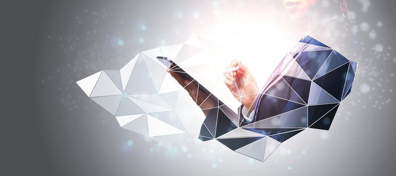 Double exposure of businesswoman holding tablet connect to global future