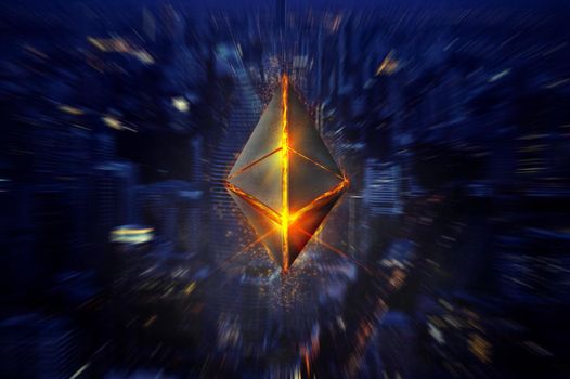 Ethereum symbol 3D on city bokeh background