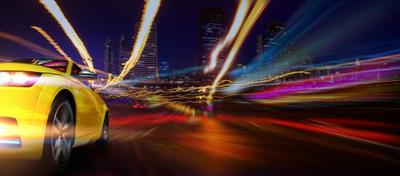 Front of a sport car with motion lighting in the city