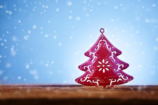 Christmas tree object on wood with snow  and background