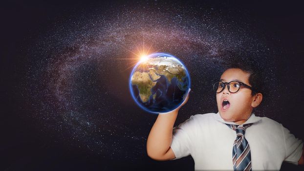 Kid's learning galaxy with earth at galaxy and Milky Way