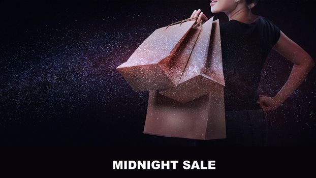 Double exposure of shopping women and Milky Way or Galaxy background for Midnight Sale