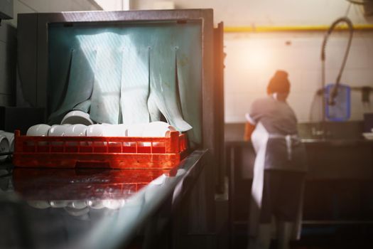 Woman washing dish on sink at restaurant