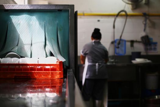 Woman washing dish on sink at restaurant