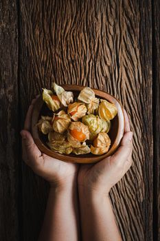 Cape Gooseberries in a group on hand