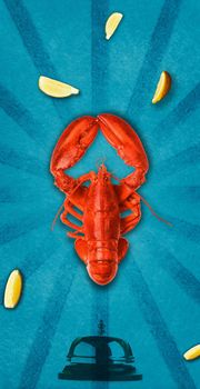 Lobster poster with retro marine background. Lush Lava color tone
