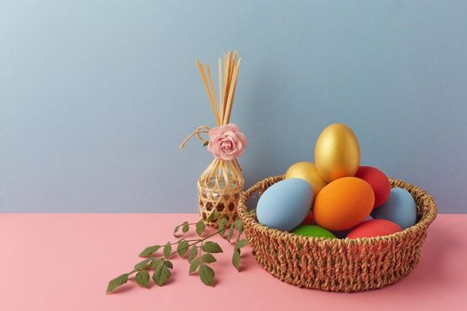 Still life with egg Easter on colored paper background
