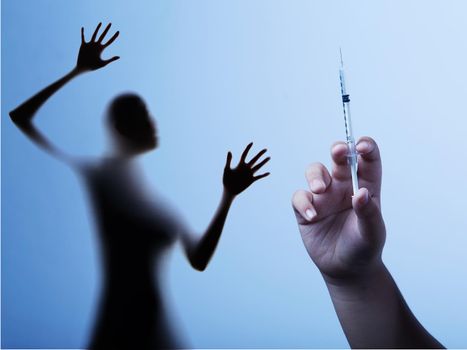 Woman is fear and cries from syringe with vaccination doctor,Corona Virus 19 concept