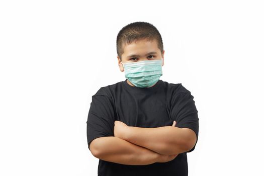 Asian boy wearing the mask Respiratory Protection Mask against Coronavirus. Isolated on white