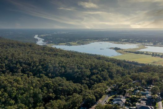 Aerial view of the Nepean River and Penrith Lakes in Penrith in New South Wales in Australia