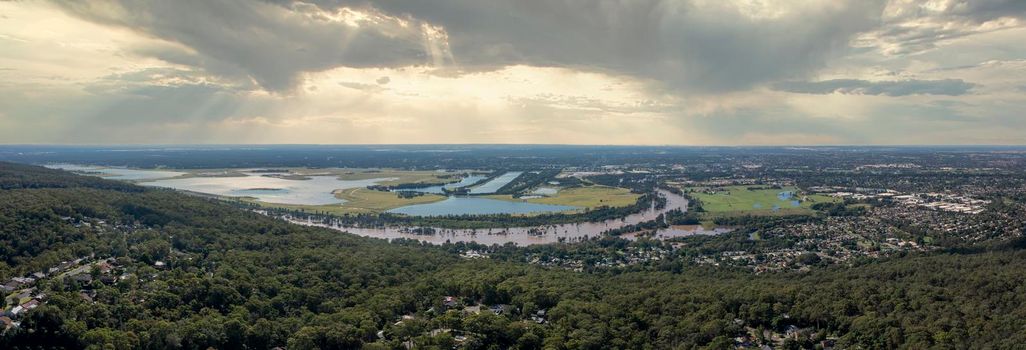 Aerial view of flooding of the Nepean River and the Sydney International Regatta Centre in Penrith in New South Wales in Australia