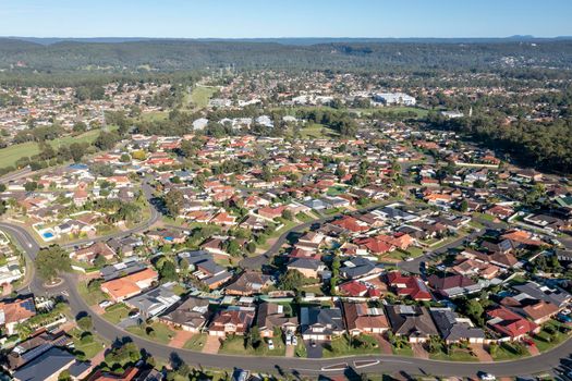 Aerial view of residential houses in the suburb of Glenmore Park in greater Sydney in New South Wales in Australia