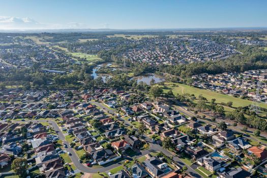 Aerial view of residential houses in the suburb of Glenmore Park in greater Sydney in New South Wales in Australia