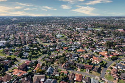 Aerial view of residential houses in the suburb of Glenmore Park in greater Sydney in New South Wales in Australia