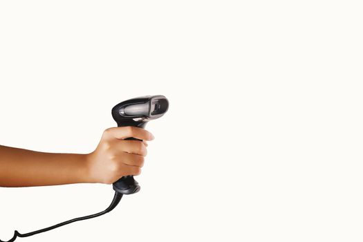 Barcode scanner in a woman's hand, isolated on a white background with clipping path