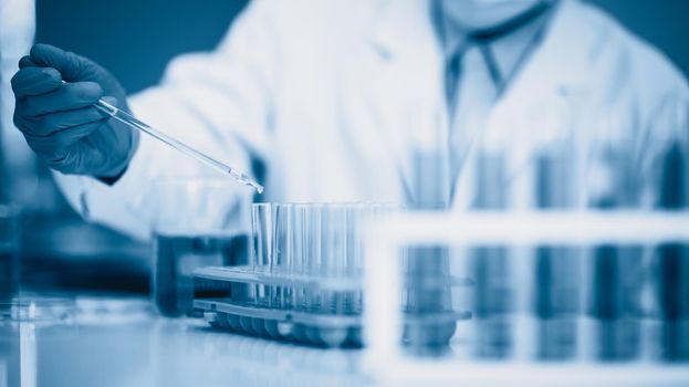 Scientist or medical in lab coat holding test tube, Biochemistry laboratory research