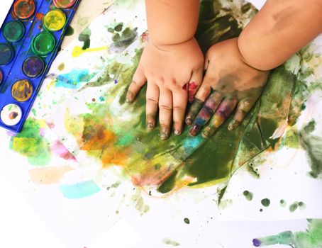 Children hands and paints on paper. children playing the colorful