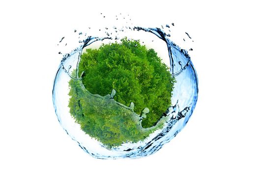 Water splash with circle foliage isolated on white, environment and save earth concept
